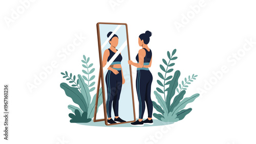 Fit woman admiring her reflection in a full-length mirror, surrounded by lush green plants, promoting body positivity, self-care, and a healthy lifestyle.
