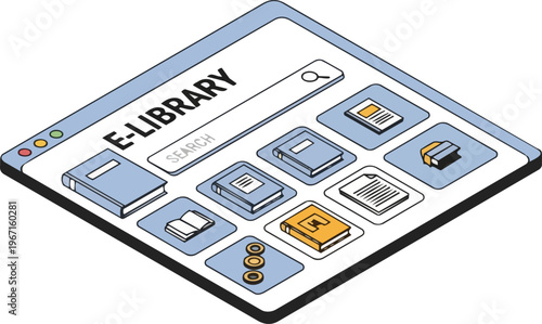 Isometric E-Library Interface Illustration with Search Bar and Digital Books, Online Education and Knowledge Database Concept on White Background