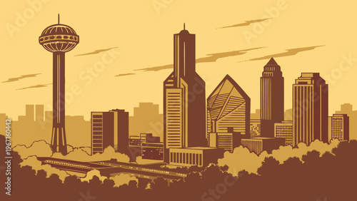 Monochromatic Downtown Cityscape Silhouette Featuring Observation Tower and Modern Architecture Against Hazy Horizon dallas skyline vector