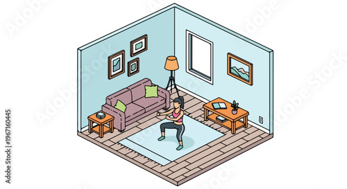 An isometric illustration of a woman doing squats inside a cozy living room area