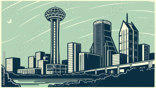 Cityscape skyline view featuring tall observation tower and modern high rise buildings at night or twilight under moving clouds dallas skyline vector