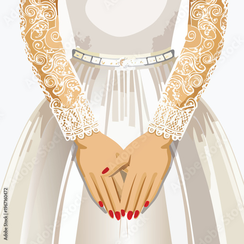 Elegant bride in white wedding gown with intricate lace sleeves vector