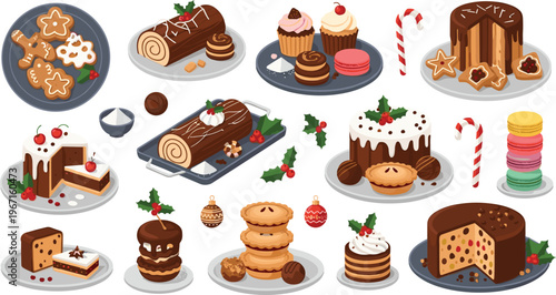 Professional Christmas Desserts and Baking Vector Set Featuring Yule Log Fruitcake Gingerbread Cookies and Cupcakes for Holiday Designs