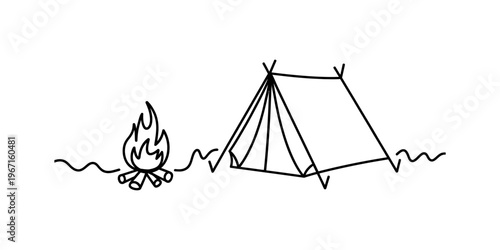 A simple black and white line drawing of a tent set up next to a crackling campfire outdoors. Vector, illustration