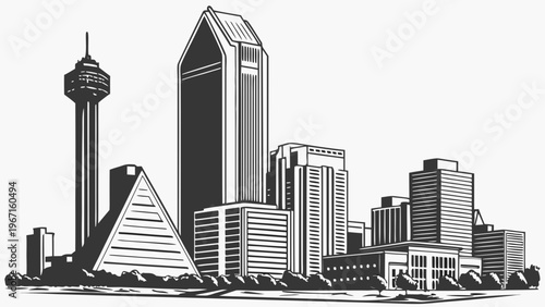 Monochrome Urban Skyline Silhouette Featuring Tall Tower Pyramid Structure and Modern Commercial Architecture dallas skyline vector