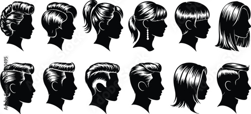 Set of detailed male and female hairstyle silhouettes with modern haircuts isolated on white background for barber, beauty and design