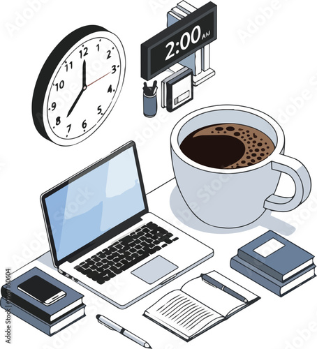 Isometric Workspace with Laptop Coffee and Clocks Representing Late Night Work or Overtime