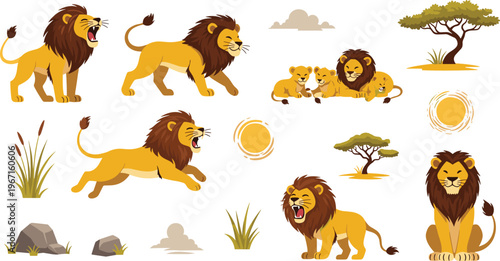 Professional African Lion Wildlife Vector Set Featuring Roaring Lions Cubs Running Lion and Savannah Trees for Nature Designs