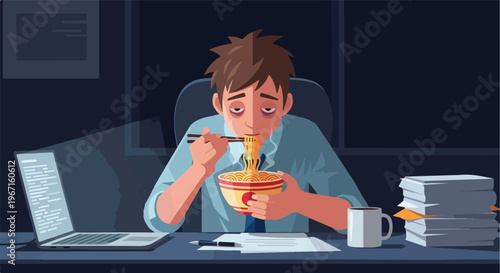 A tired office worker eats instant noodles at a desk late in the night shift