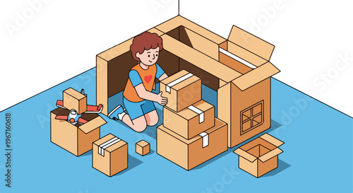 A young child playing inside a cozy fort made from various cardboard box shapes