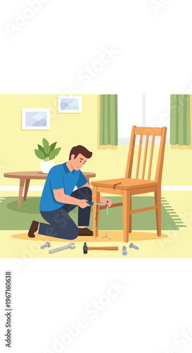 A man in a blue shirt kneels on the floor to repair a wooden chair with tools