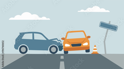 Illustration of two cars involved in a head-on collision on a road