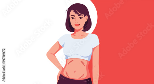 A young woman with short dark hair stands against a split white and red background