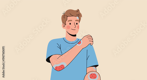 Illustration of a young man with skin rash and red patches on his arms and body