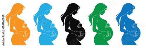 Pregnant woman silhouettes in different colors icon set vector illustration
