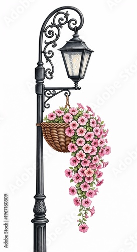 Black wrought iron streetlamp with hanging flower basket of petunias  