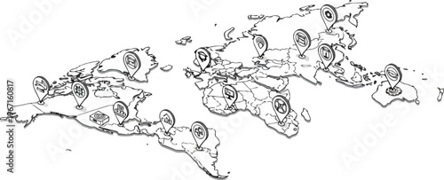 Isometric World Map Line Art with Global Location Pins and Industry Icons - Connectivity and Business Network Concept