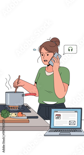A stressed woman cooks while working on a laptop and talking on her smartphone