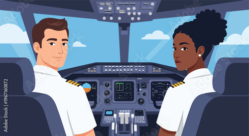 Two pilots sitting in the cockpit of an airplane flying against a cloudy sky