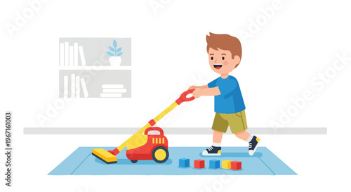 A young boy happily uses a vacuum cleaner to tidy up toys on a blue rug