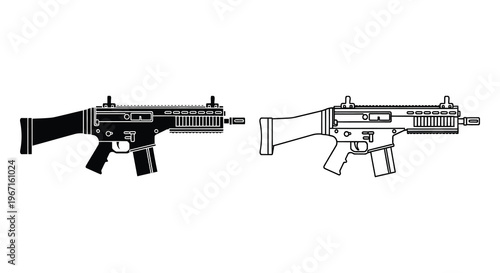 Two black vector illustrations of modern assault rifles detailed design silhouette