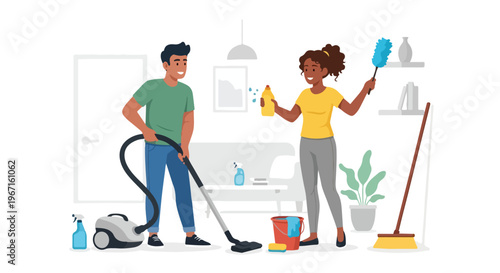 A man and a woman work together to clean and tidy up their living room area