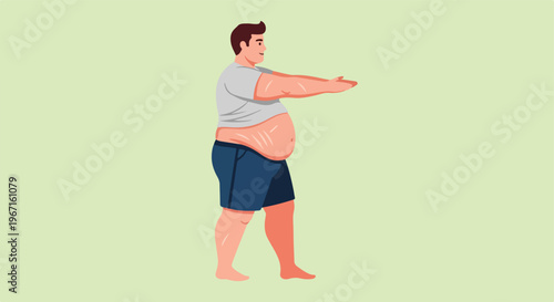 Illustration of an overweight man in shorts standing and reaching forward empty