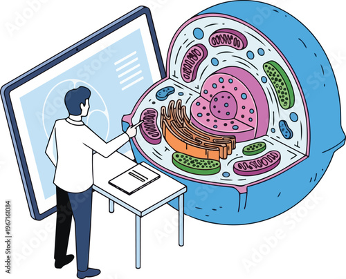 Educational Biology Illustration of a Scientist Explaining Cell Structure and Organelles with a Large Digital Tablet and Cross-section Diagram