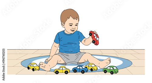 A young boy sitting on a blue rug and playing with small colorful toy vehicles