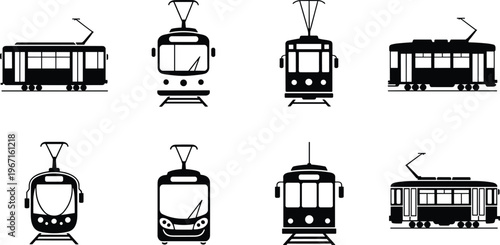 Set of tram silhouettes in side and front views isolated on white background for public transport, urban mobility and city design
