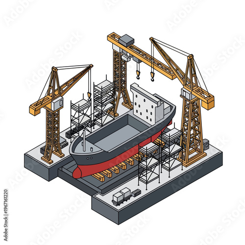 Isometric Shipbuilding Scene with Cranes and Scaffolding.