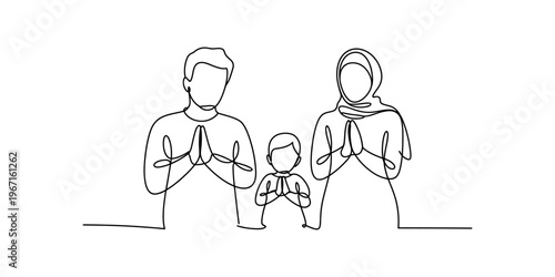 A single continuous line drawing of a happy muslim family with a father mother and their child Vector, illustration