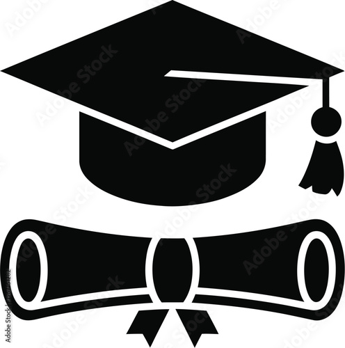 Graduation cap and diploma silhouette icon, black vector symbol representing education achievement academic success and graduation concept for logo and web design.