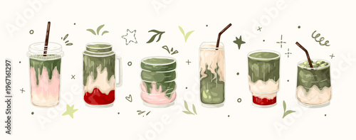 Green tea matcha drinks set. Strawberry and iced matcha latte. Healthy beverages. Vector illustration.