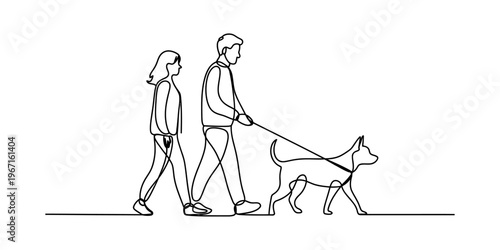 A single continuous line drawing of a man and a woman taking a pleasant walk with their pet dog Vector, illustration