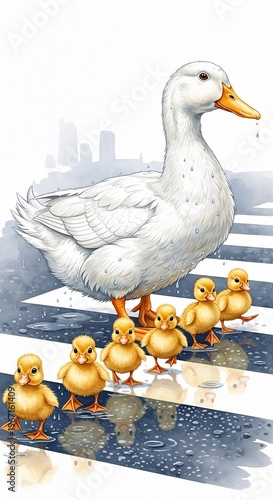 Mother duck leading ducklings across painted crosswalk in the rain  