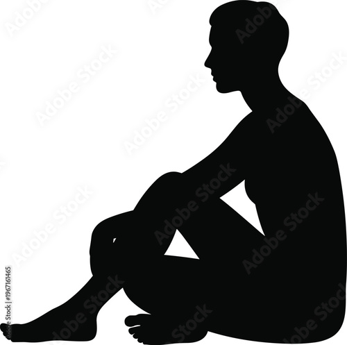 Side view silhouette of seated man, relaxed sitting pose isolated on white background concept