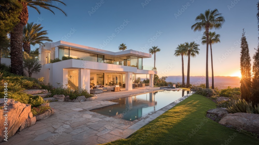 Fototapeta premium Sunny California luxury home with clean lines and outdoor living spaces