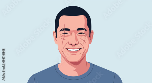 A flat illustration of a smiling man with visible scars on his youthful face
