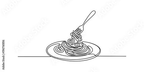 A single continuous line drawing of a fork twirling delicious spaghetti noodles on a white plate Vector, illustration