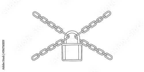 A simple black and white line art illustration showing a padlock secured with two crossed chains. Vector, illustration
