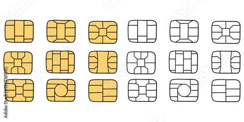 Hand-drawn cartoon and doodle set of EMV chips on a white background.