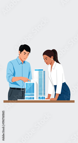 Two architects studying a blue and white building model on a wooden table