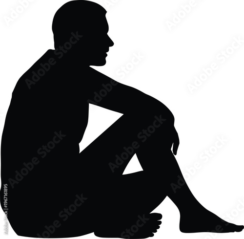 Silhouette of seated man in side view, relaxed sitting pose isolated on white background