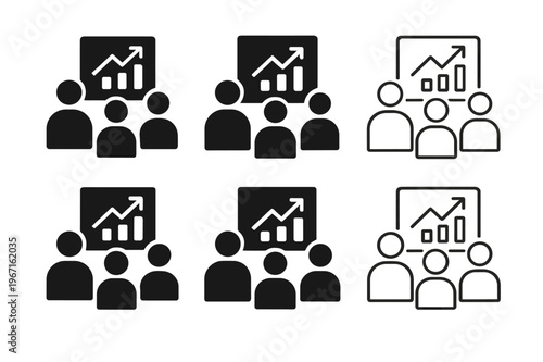 Marketing Strategy Logos. Marketing team discussing campaign strategy. Icon set. Set Logo of Marketing team discussing campaign strategy: KPI dashboard.