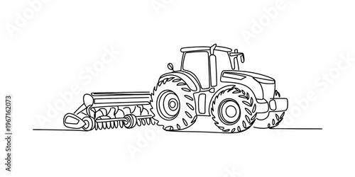 A simple continuous line drawing of a farm tractor pulling a mechanical seeder for agriculture. Vector, illustration