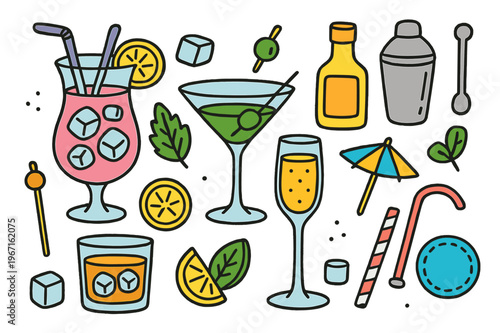 Colorful Cocktail Doodles. fancy cocktails. Colorful Hand-drawn doodle Children illustration fancy cocktails cocktail glass, wine glass, martini, whiskey