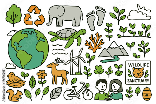 Vibrant Nature Doodles. Nature conservation. Hand-drawn doodle illustration Earth globe (colored), trees (colored), recycling symbols (colored), endangered