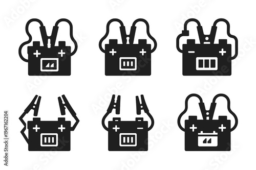 Car Battery Emblems. Car battery with jumper cables. Icon set. Set Logo of Car battery with jumper cables: battery health indicator. harmonious logo variations