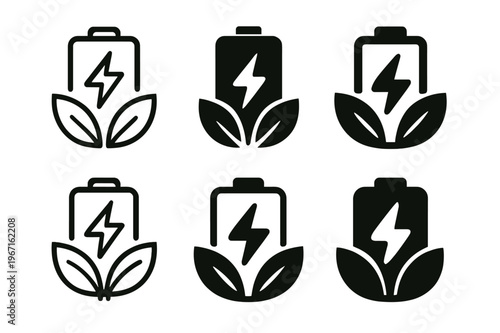 Sustainable Energy Logos. Sustainable energy startups. Icon set. Set Logo of Sustainable energy startups: battery storage pack. harmonious logo variations of
